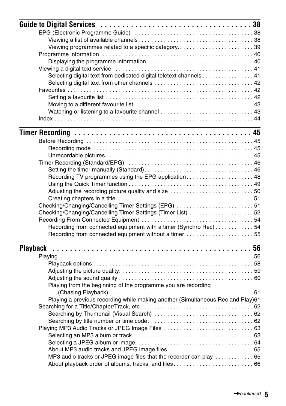 5guide to digital services, Timer recording, Playback | Sony RDR-GXD310 User Manual | Page 5 / 108
