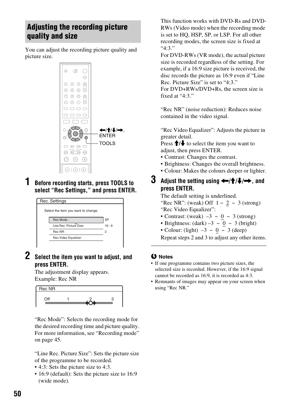 Adjusting the recording picture quality and size | Sony RDR-GXD310 User Manual | Page 50 / 108