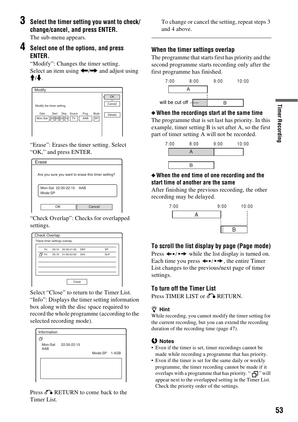 Select one of the options, and press enter, When the timer settings overlap, The sub-menu appears | Press, Press timer list or, Return | Sony RDR-GXD310 User Manual | Page 53 / 108