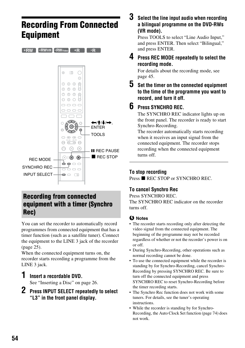 Recording from connected equipment | Sony RDR-GXD310 User Manual | Page 54 / 108
