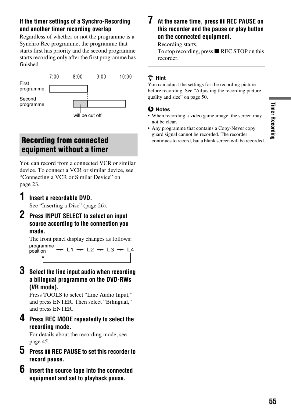 Recording from connected equipment without a timer | Sony RDR-GXD310 User Manual | Page 55 / 108