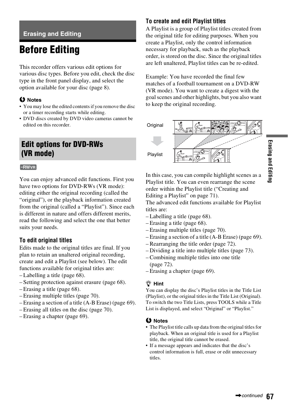 Erasing and editing, Before editing, Edit options for dvd-rws (vr mode) | Sony RDR-GXD310 User Manual | Page 56 / 108