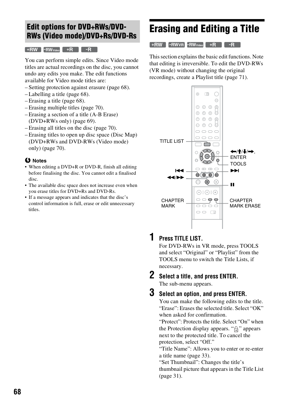 Erasing and editing a title, Press title list, Select a title, and press enter | Select an option, and press enter | Sony RDR-GXD310 User Manual | Page 57 / 108