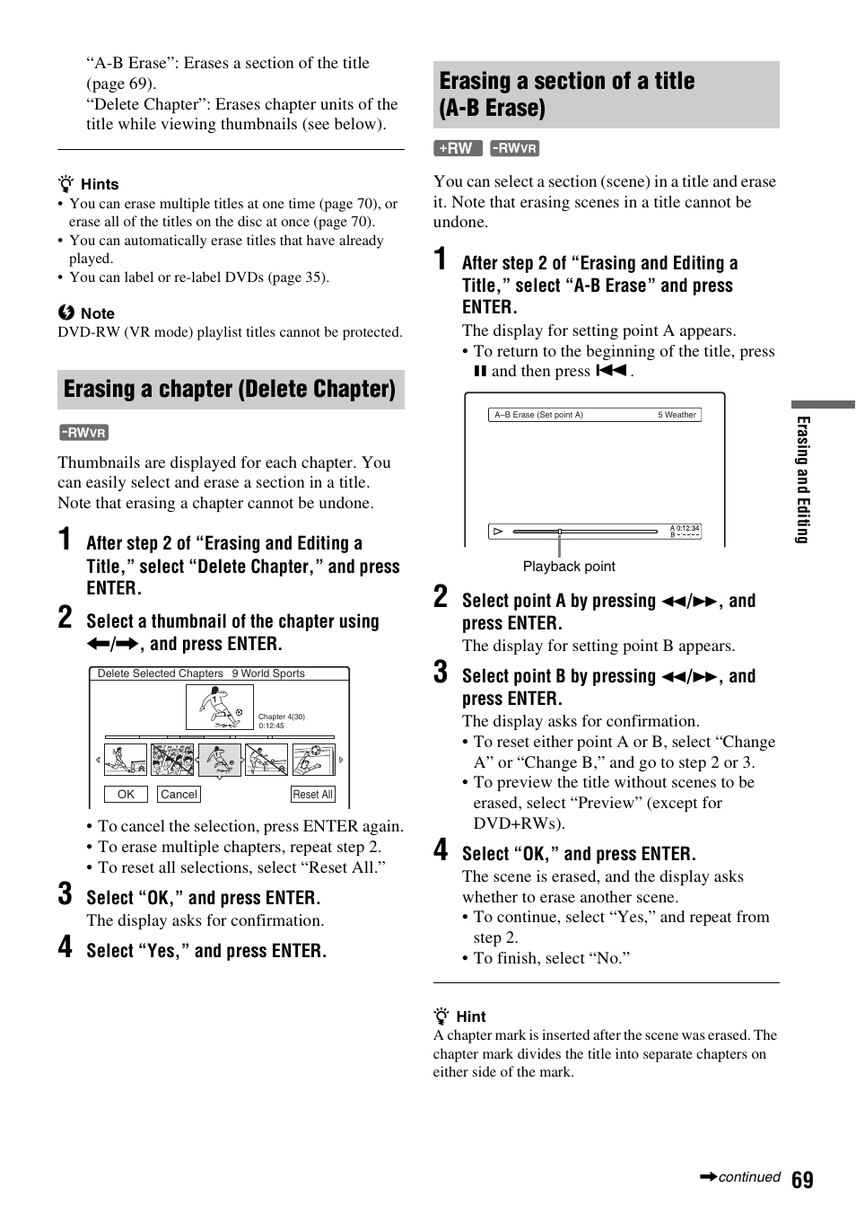 Erasing a chapter (delete chapter), Erasing a section of a title (a-b erase) | Sony RDR-GXD310 User Manual | Page 58 / 108
