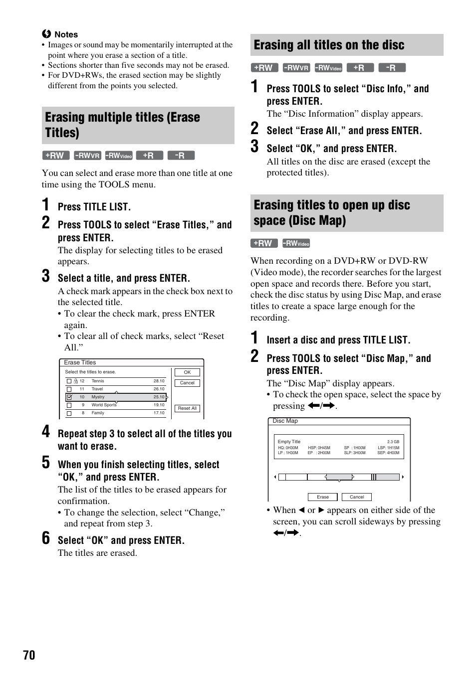 Erasing multiple titles (erase titles), Erasing all titles on the disc, Erasing titles to open up disc space (disc map) | Press title list, Select a title, and press enter, Select “ok” and press enter, Press tools to select “disc info,” and press enter, Select “erase all,” and press enter, Select “ok,” and press enter, Insert a disc and press title list | Sony RDR-GXD310 User Manual | Page 59 / 108