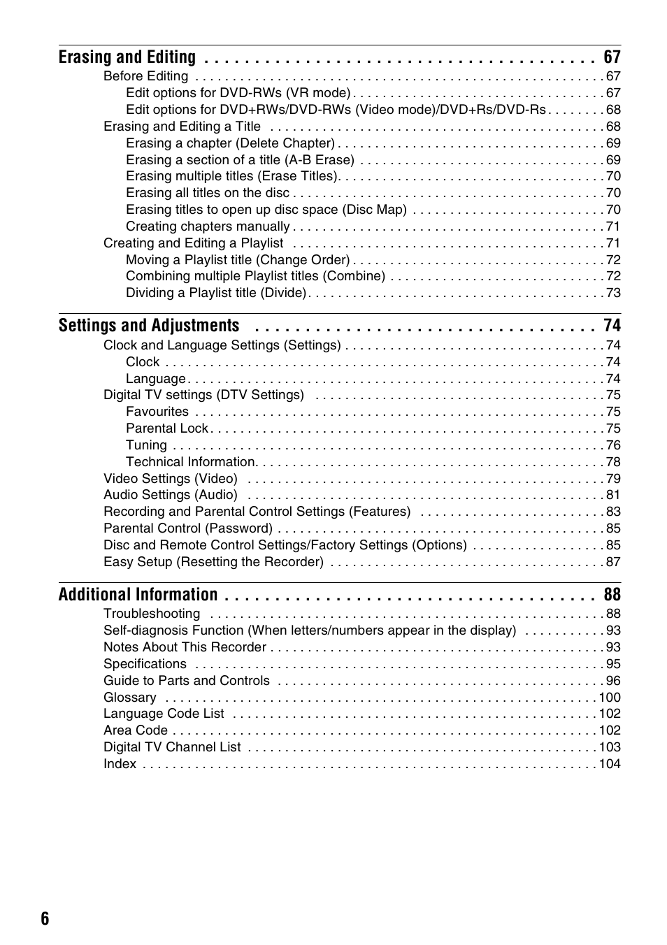 6erasing and editing, Settings and adjustments, Additional information | Sony RDR-GXD310 User Manual | Page 6 / 108