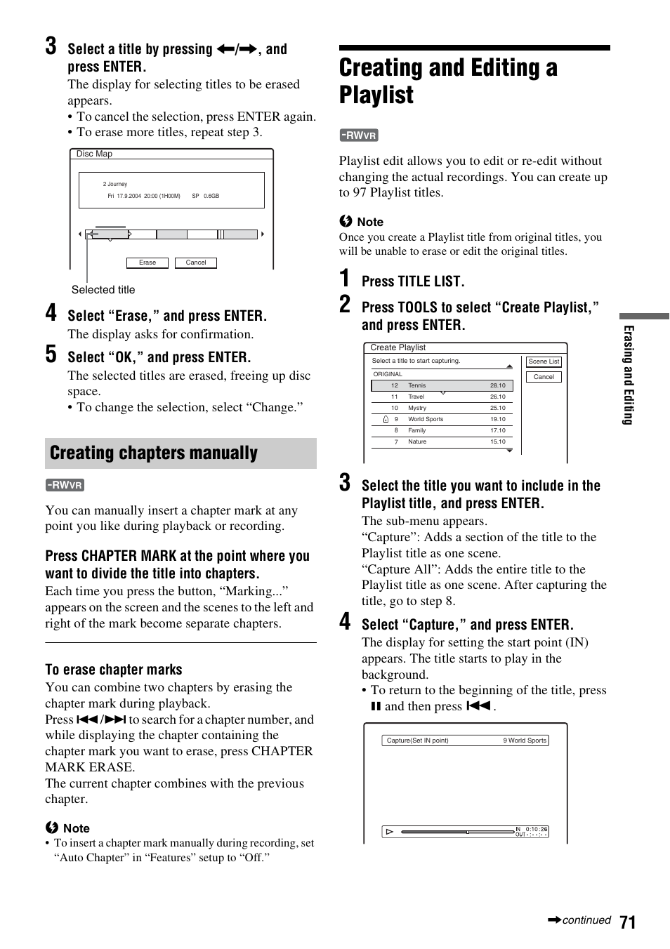 Creating chapters manually, Creating and editing a playlist, Select a title by pressing < / , , and press enter | Select “erase,” and press enter, Select “ok,” and press enter, Press title list, Select “capture,” and press enter | Sony RDR-GXD310 User Manual | Page 60 / 108