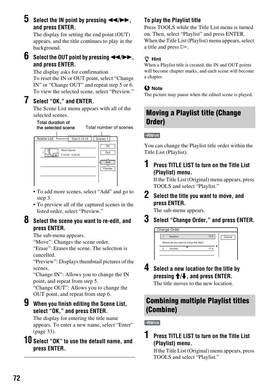 Moving a playlist title (change order), Combining multiple playlist titles (combine) | Sony RDR-GXD310 User Manual | Page 61 / 108