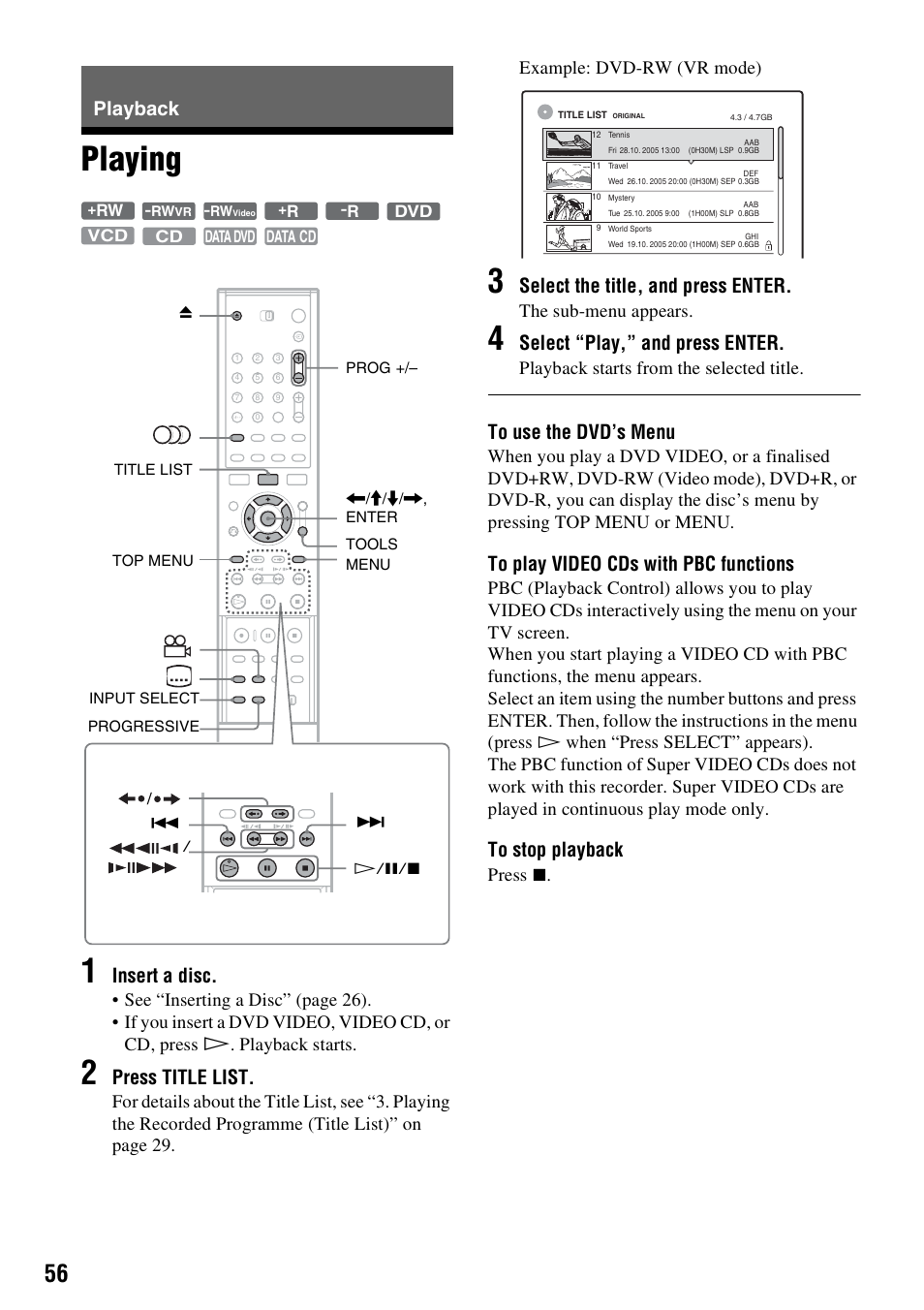 Playback, Playing, Playing 1 | Insert a disc, Press title list, Select the title, and press enter, Select “play,” and press enter, The sub-menu appears, Playback starts from the selected title, Press | Sony RDR-GXD310 User Manual | Page 63 / 108