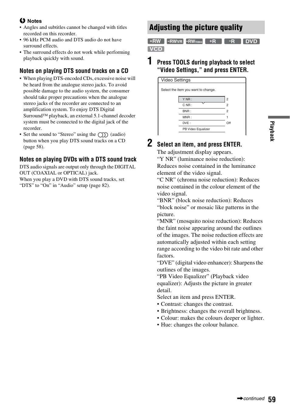 Adjusting the picture quality, Select an item, and press enter | Sony RDR-GXD310 User Manual | Page 66 / 108