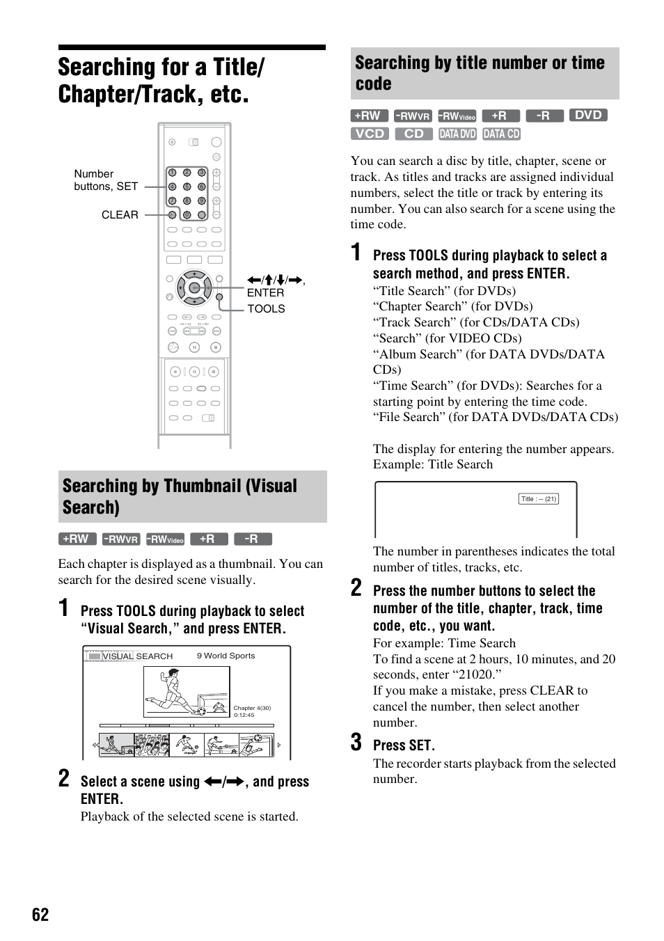 Searching for a title/ chapter/track, etc, Searching by thumbnail (visual search), Searching by title number or time code | Searching for a title/chapter/track, etc, Select a scene using < / , , and press enter, Press set | Sony RDR-GXD310 User Manual | Page 69 / 108