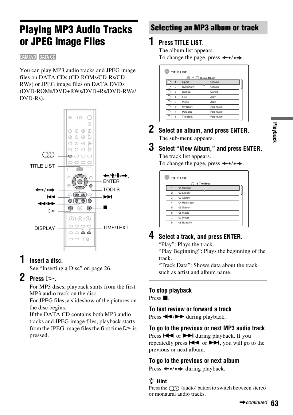 Playing mp3 audio tracks or jpeg image files, Selecting an mp3 album or track, Insert a disc | Press h, Press title list, Select an album, and press enter, Select “view album,” and press enter, Select a track, and press enter, See “inserting a disc” on page 26, The album list appears. to change the page, press | Sony RDR-GXD310 User Manual | Page 70 / 108