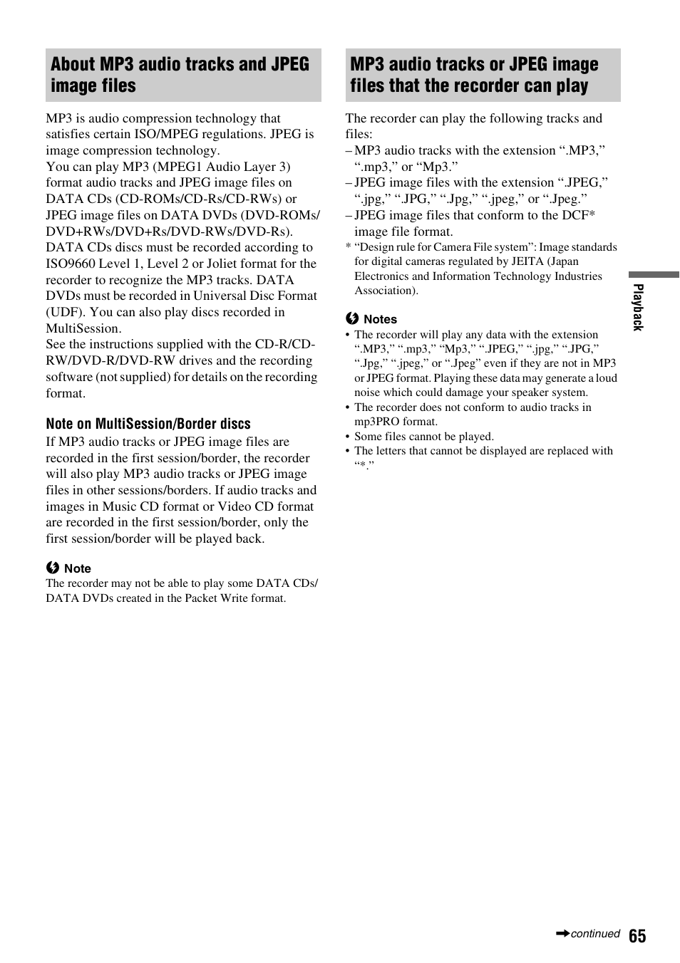 About mp3 audio tracks and jpeg image files | Sony RDR-GXD310 User Manual | Page 72 / 108