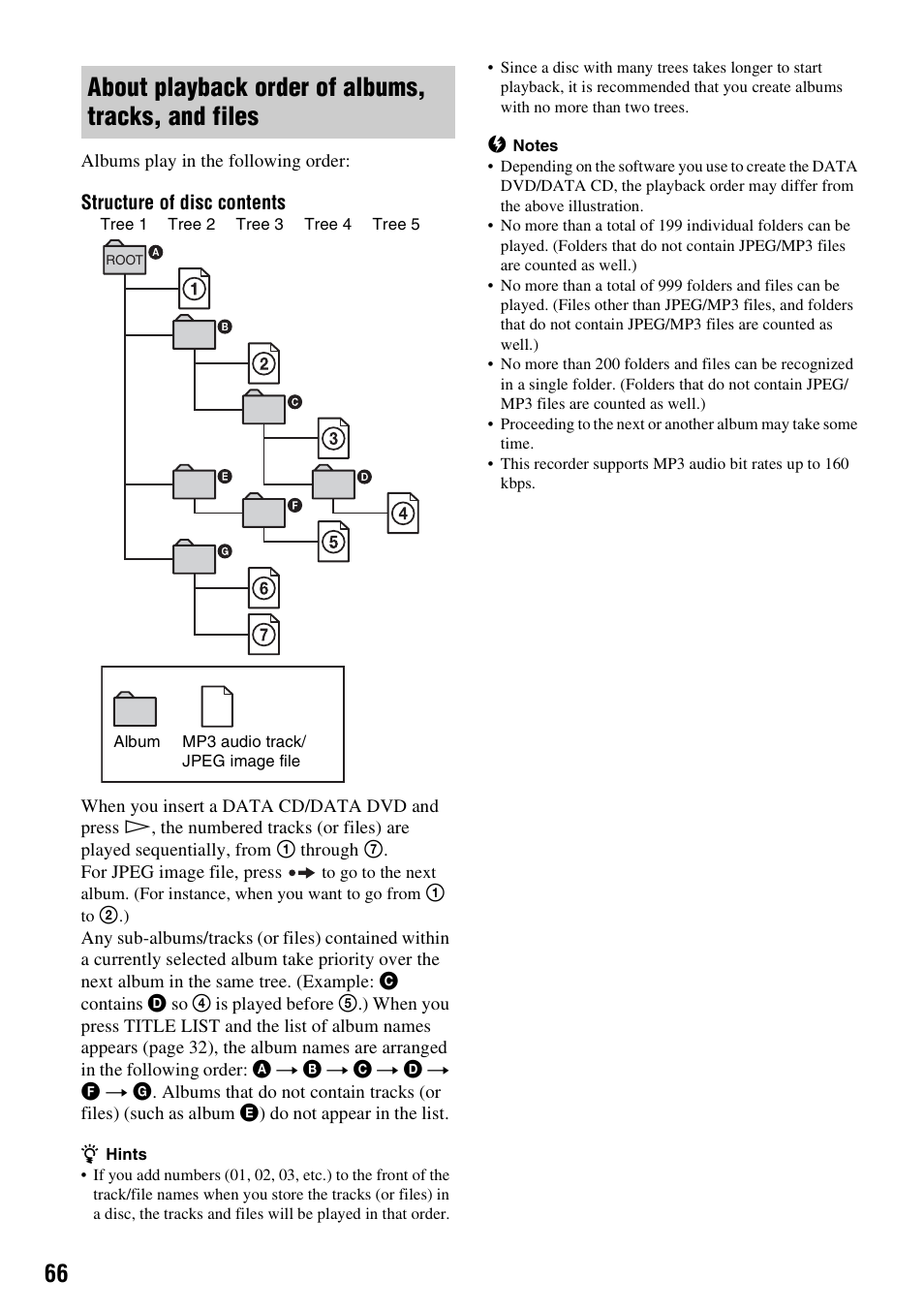 About playback order of albums, tracks, and files | Sony RDR-GXD310 User Manual | Page 73 / 108
