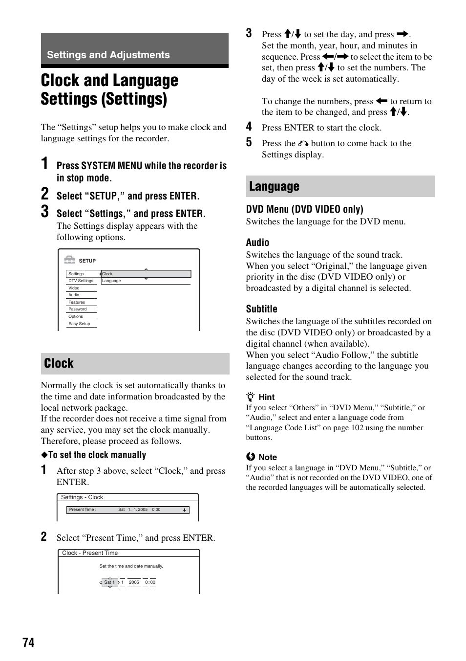 Settings and adjustments, Clock and language settings (settings), Clock | Language, Clock language | Sony RDR-GXD310 User Manual | Page 74 / 108