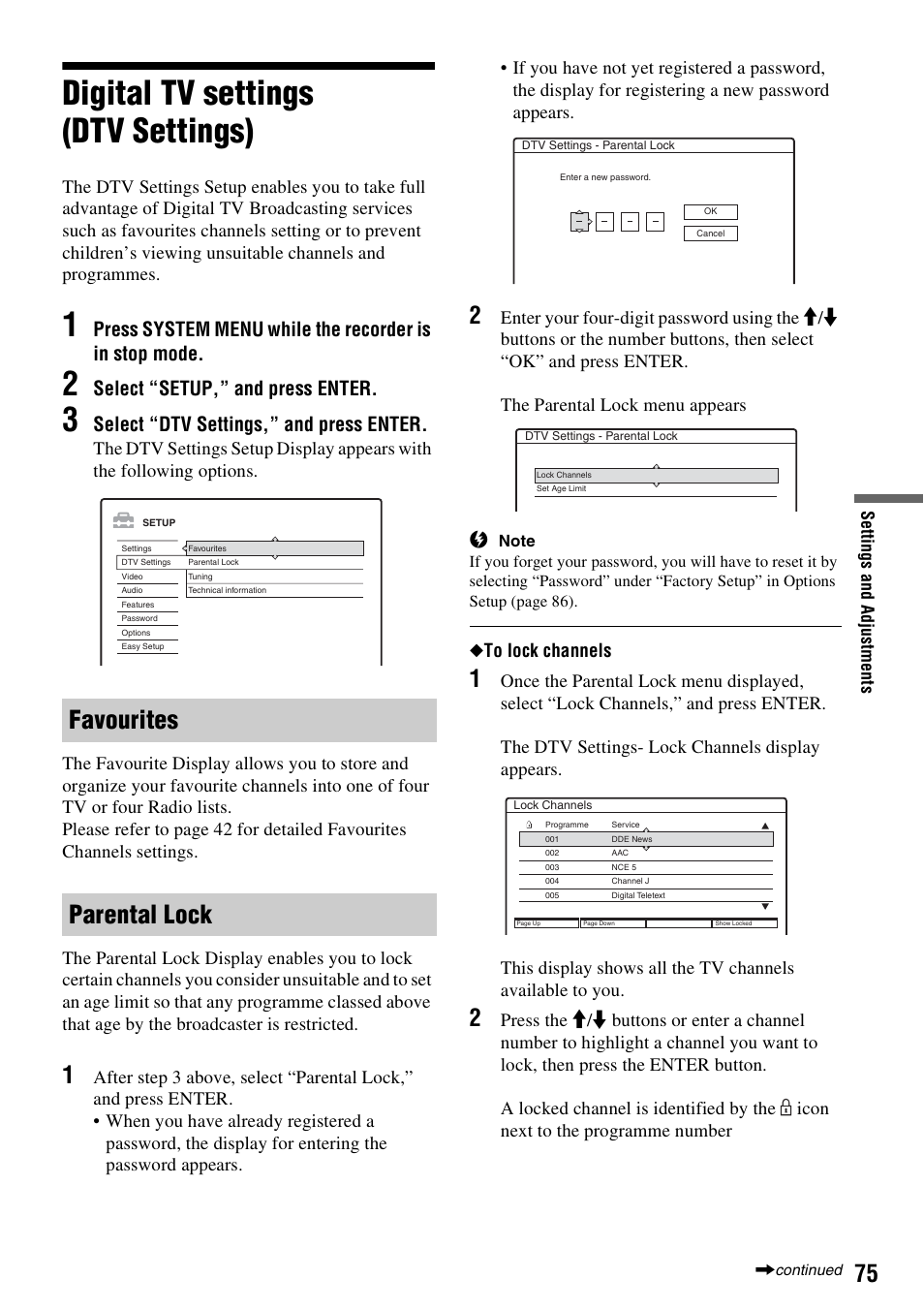 Digital tv settings (dtv settings), Favourites, Parental lock | Favourites parental lock, Select “setup,” and press enter, Select “dtv settings,” and press enter | Sony RDR-GXD310 User Manual | Page 75 / 108
