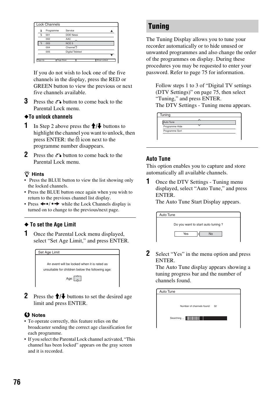 Tuning, Auto tune, Press the | Button to come back to the parental lock menu | Sony RDR-GXD310 User Manual | Page 76 / 108