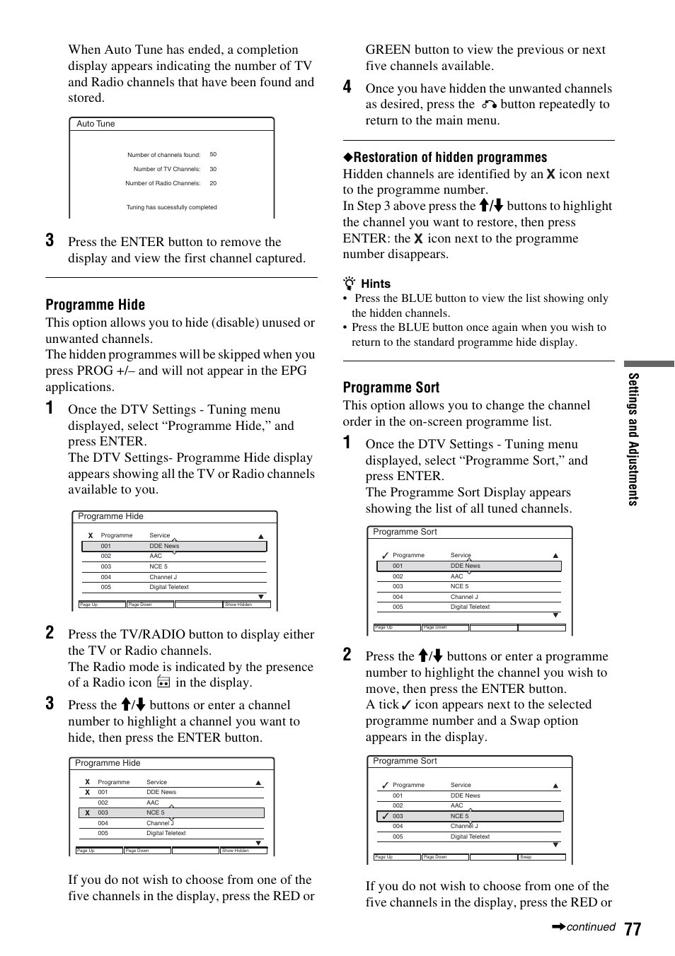 Programme hide, Programme sort | Sony RDR-GXD310 User Manual | Page 77 / 108