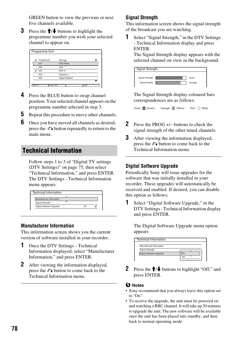 Technical information, Manufacturer information, Signal strength | Digital software upgrade, Repeat this procedure to move other channels, After viewing the information displayed, press the | Sony RDR-GXD310 User Manual | Page 78 / 108