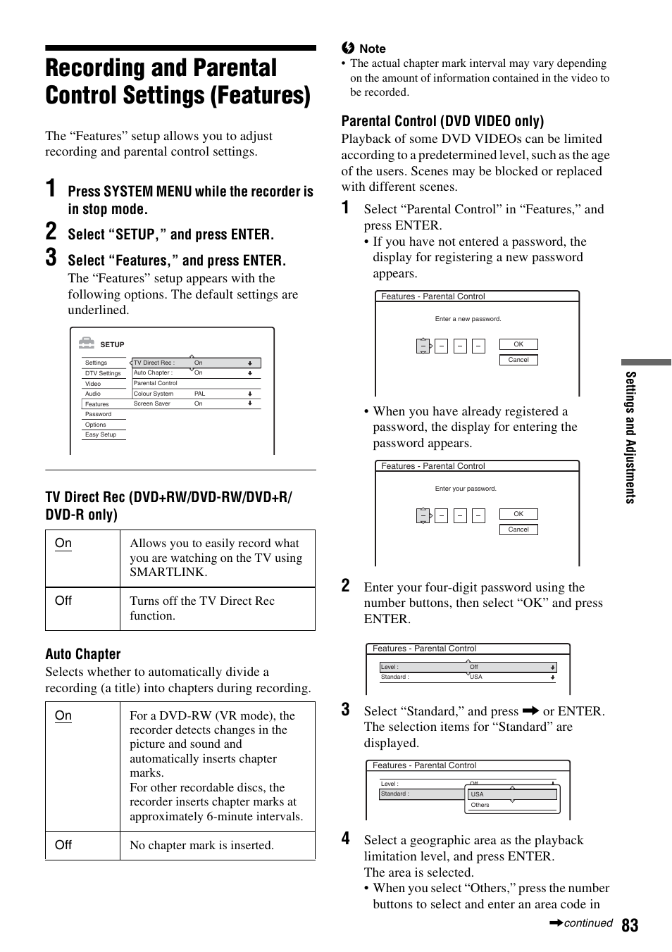 Recording and parental control settings (features), Select “setup,” and press enter, Select “features,” and press enter | Parental control (dvd video only) | Sony RDR-GXD310 User Manual | Page 83 / 108