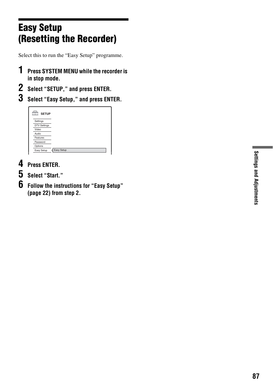 Easy setup (resetting the recorder) | Sony RDR-GXD310 User Manual | Page 87 / 108