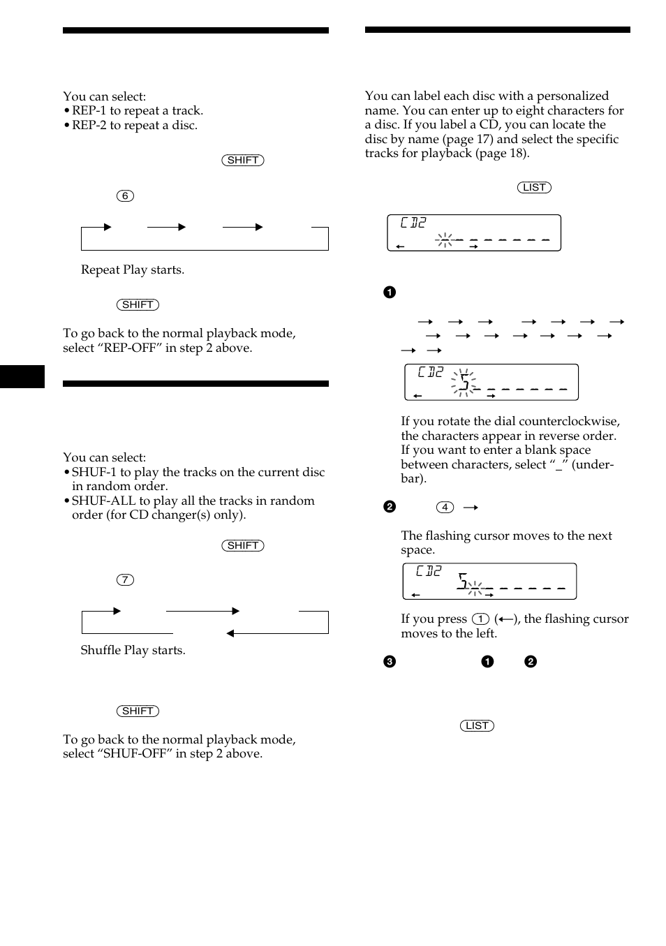 Labeling a cd, Playing tracks repeatedly, Playing tracks in random order | Sony CDX-C480 User Manual | Page 16 / 50