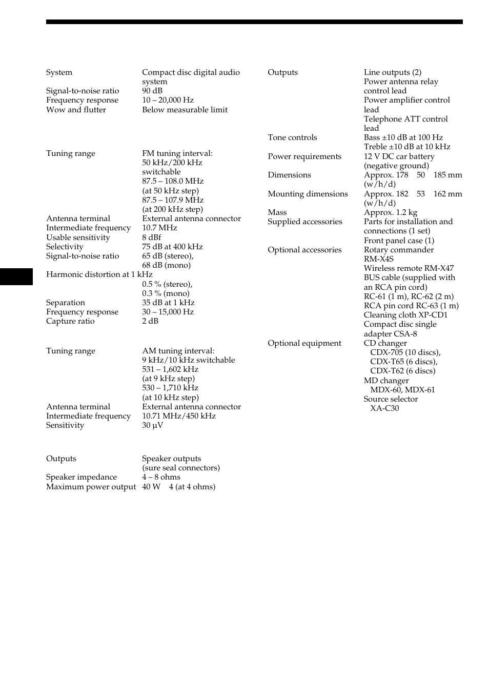 Specifications, General | Sony CDX-C480 User Manual | Page 22 / 50