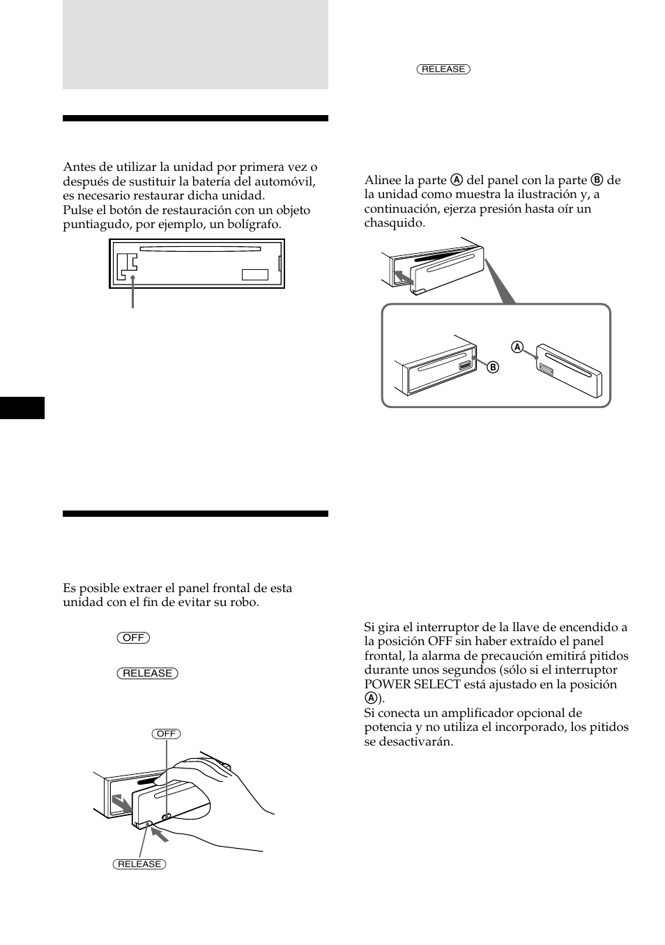 Procedimientos iniciales, Restauración de la unidad, Extracción del panel frontal | Sony CDX-C480 User Manual | Page 30 / 50
