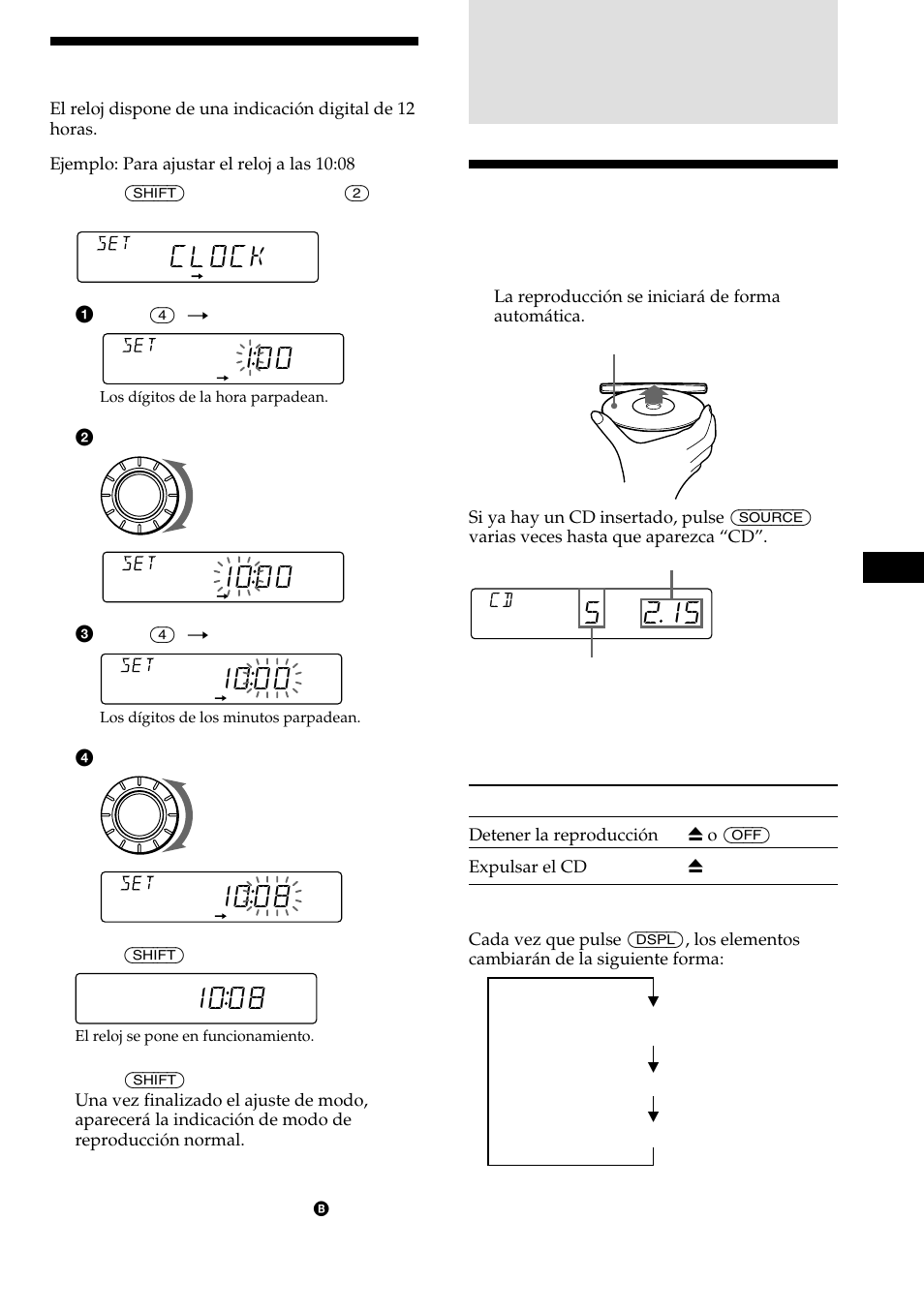 Reproductor de discos compactos, Ajuste del reloj, Reproducción de discos compactos | Clock, 1ooo, 1oo8 | Sony CDX-C480 User Manual | Page 31 / 50