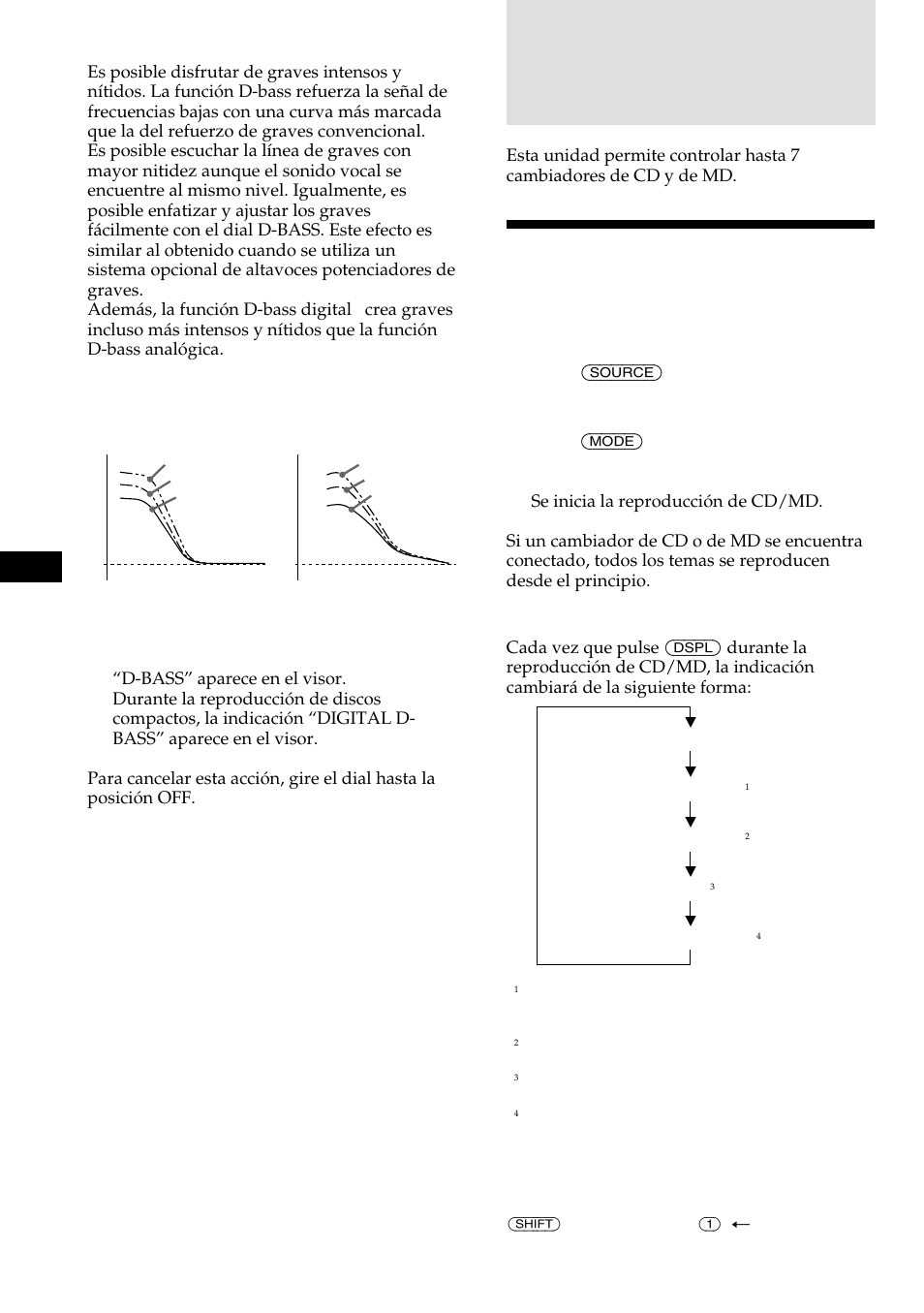Cambiador de cd/md, Es refuerzo de los graves — d-bass, Equipo opcional | Cambio de la indicación del visor | Sony CDX-C480 User Manual | Page 38 / 50