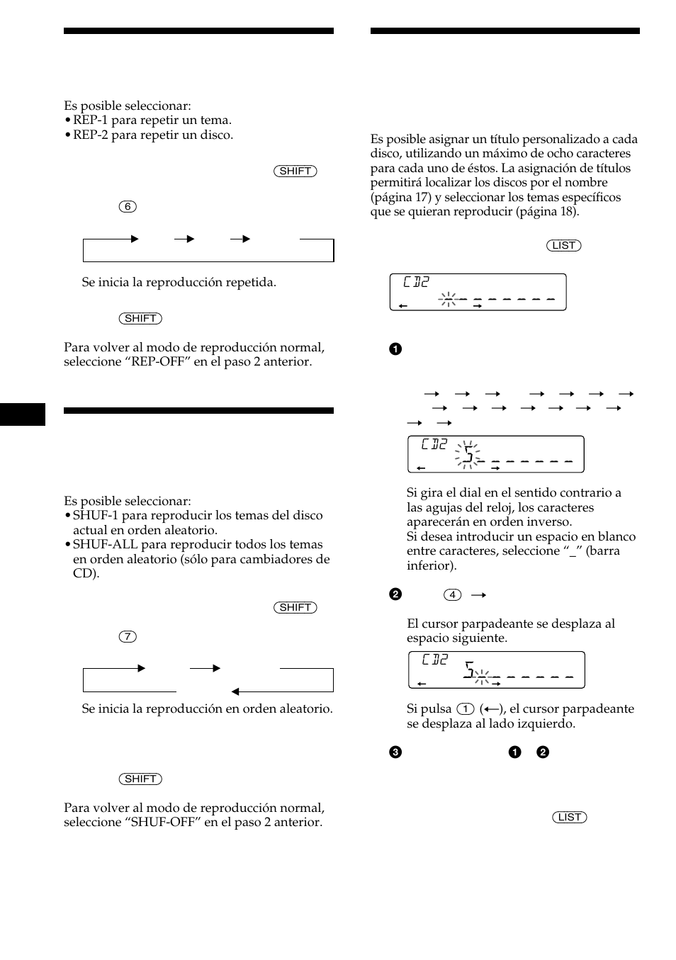 Asignación de títulos a los discos compactos, Reproducción repetida de temas, Reproducción de temas en orden aleatorio | Sony CDX-C480 User Manual | Page 40 / 50