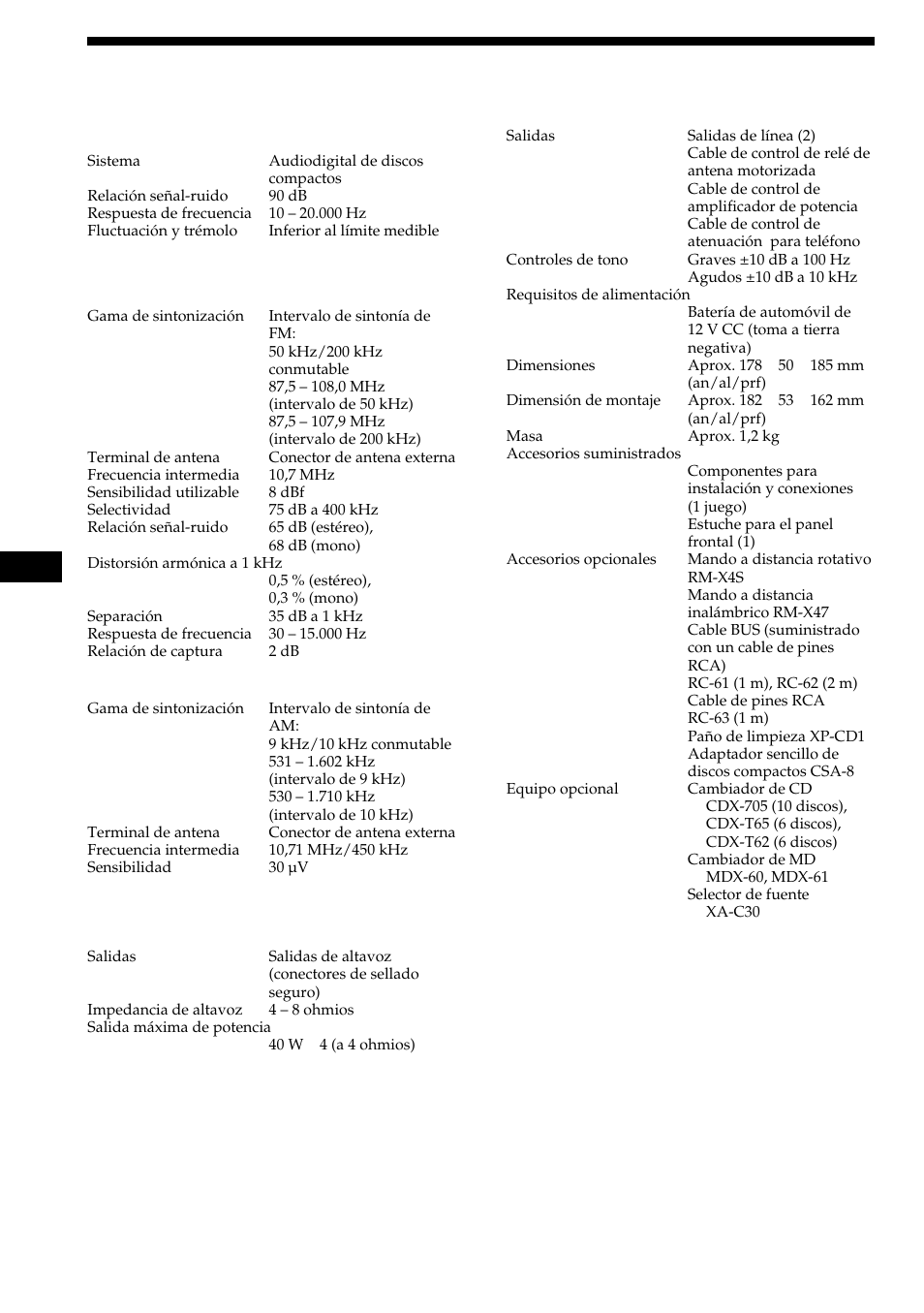 Especificaciones, Sección del reproductor de discos compactos, Sección del sintonizador | Sección del amplificador de potencia, Generales | Sony CDX-C480 User Manual | Page 46 / 50