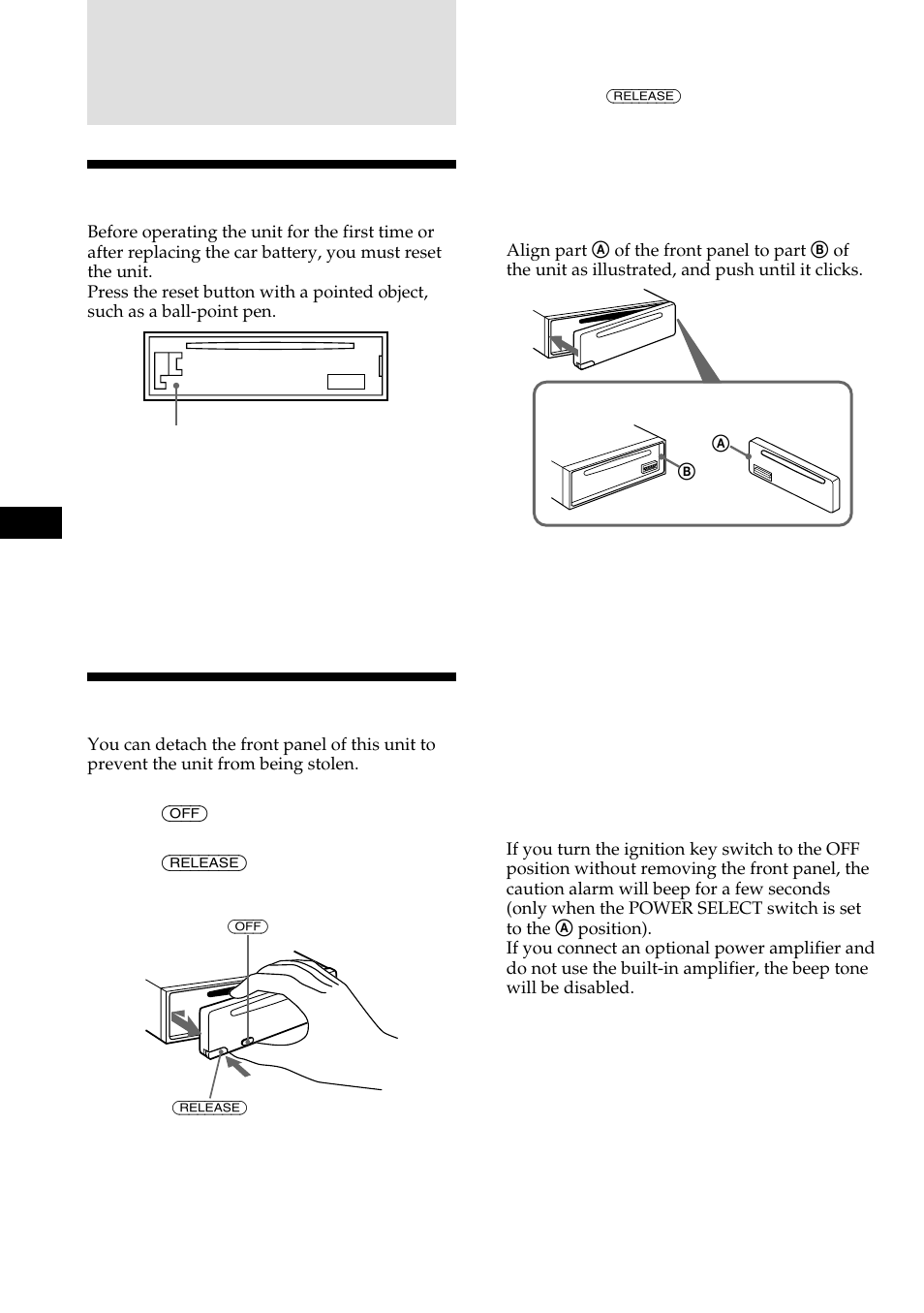 Getting started, Resetting the unit, Detaching the front panel | Sony CDX-C480 User Manual | Page 6 / 50