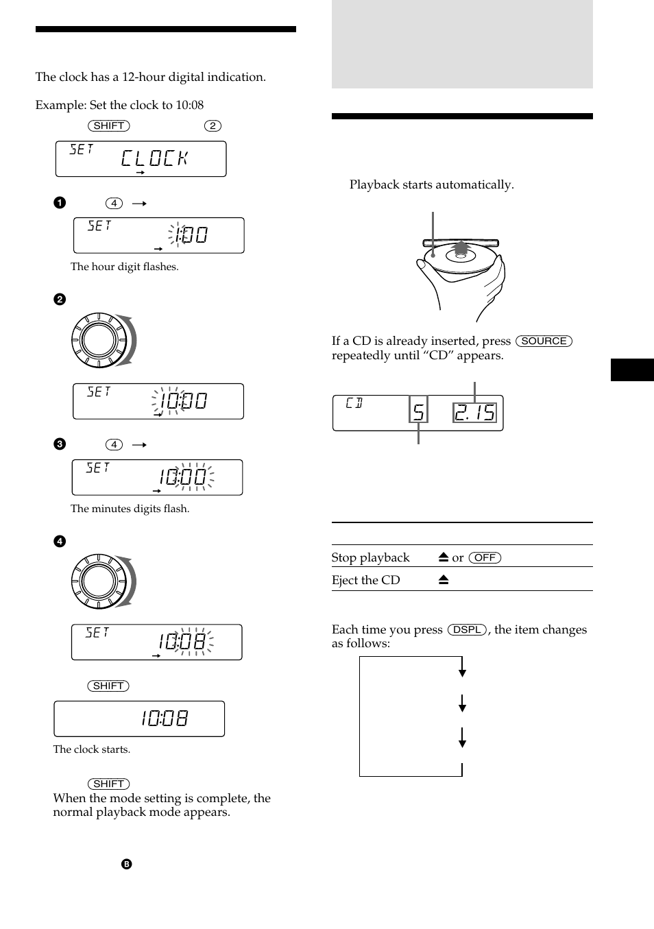 Cd player, Setting the clock, Listening to a cd | Clock, 1ooo, 1oo8 | Sony CDX-C480 User Manual | Page 7 / 50