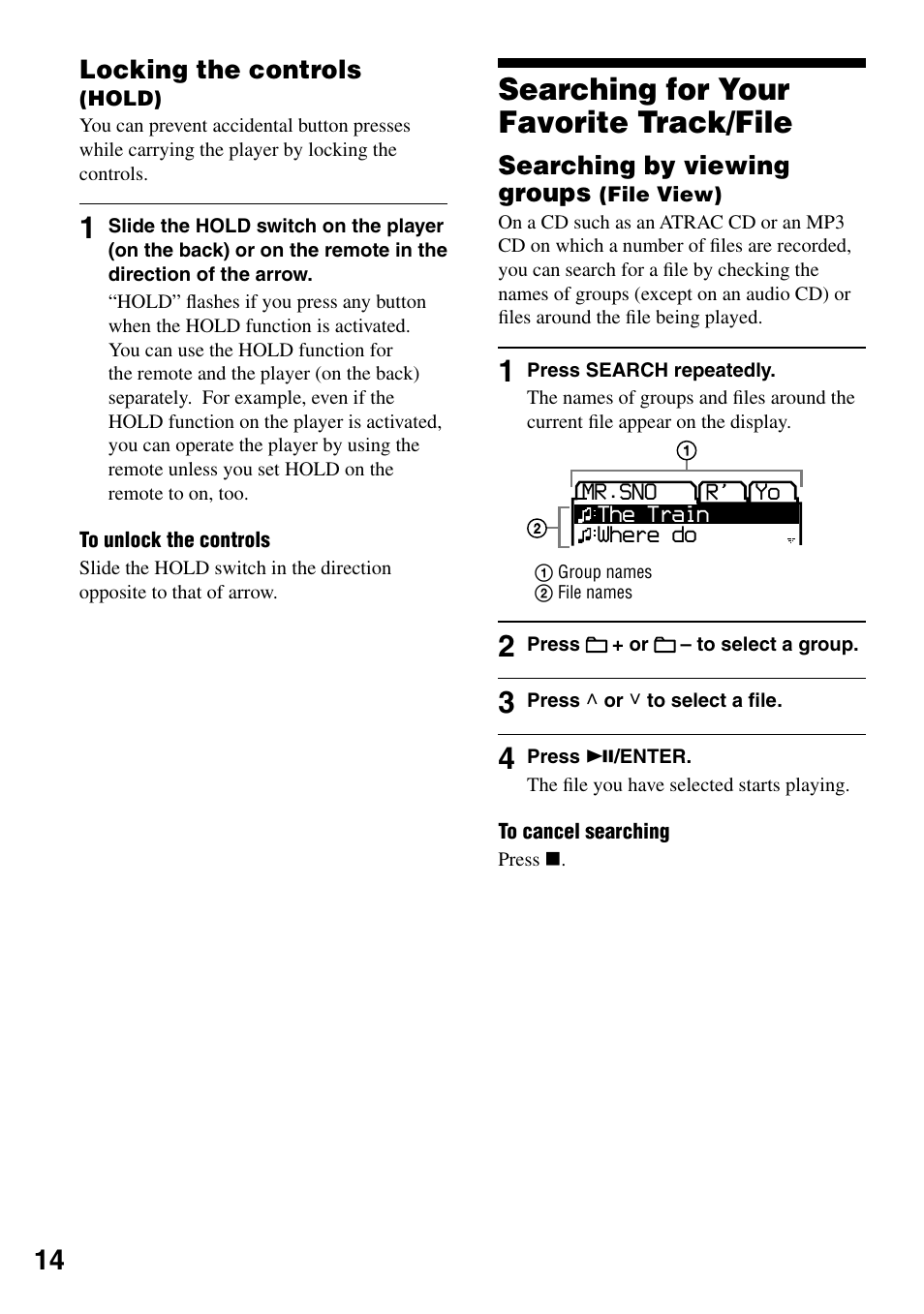 Locking the controls (hold), Searching for your favorite track/file, Searching by viewing groups (file view) 14 | Locking the controls, Searching by viewing groups | Sony D-NF421 User Manual | Page 14 / 39