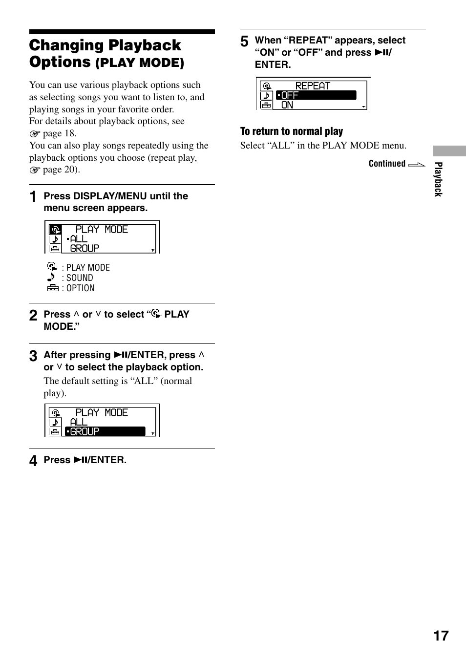 Changing playback options, Play mode) | Sony D-NF421 User Manual | Page 17 / 39