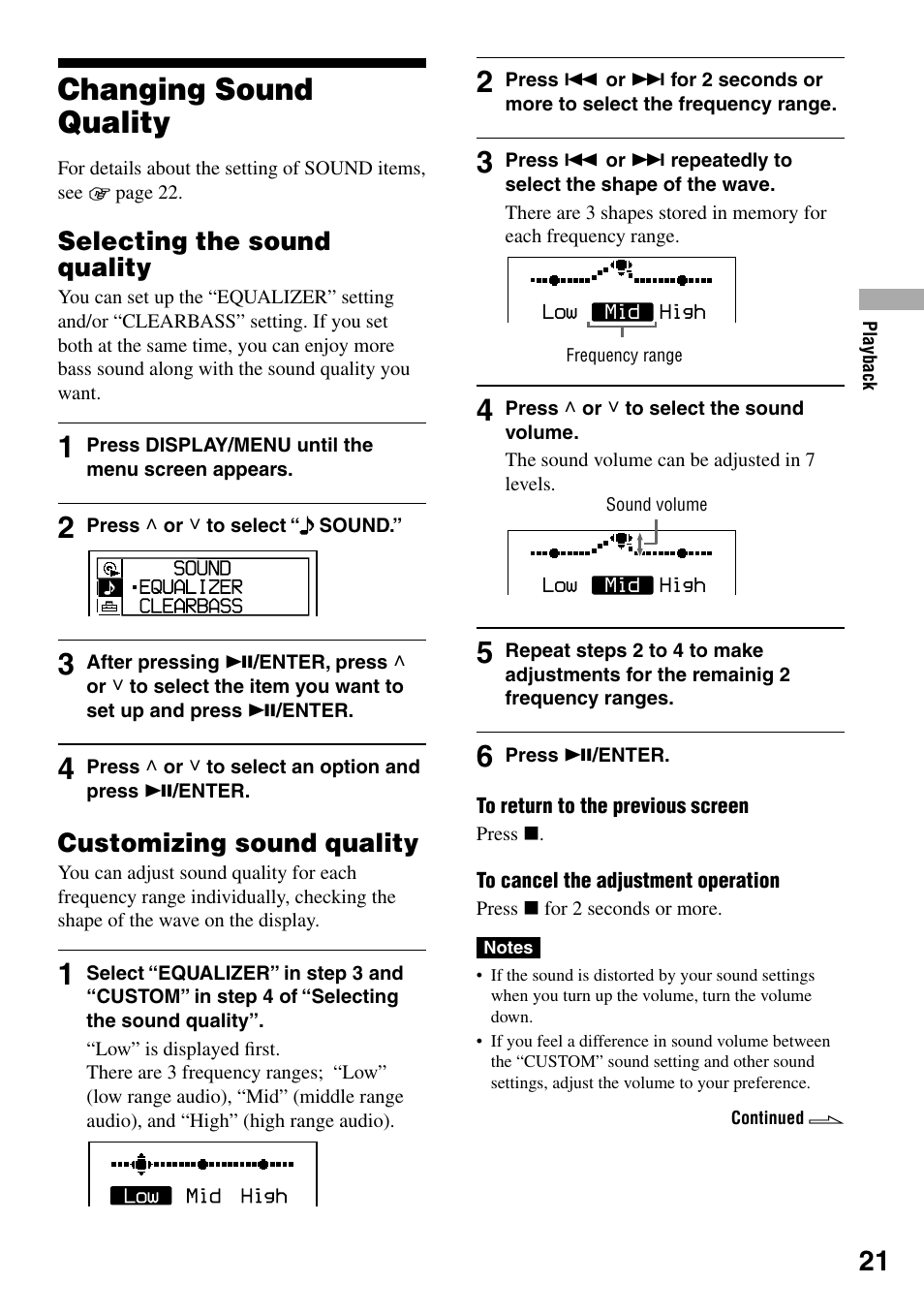 Changing sound quality, Selecting the sound quality, Customizing sound quality | Sony D-NF421 User Manual | Page 21 / 39