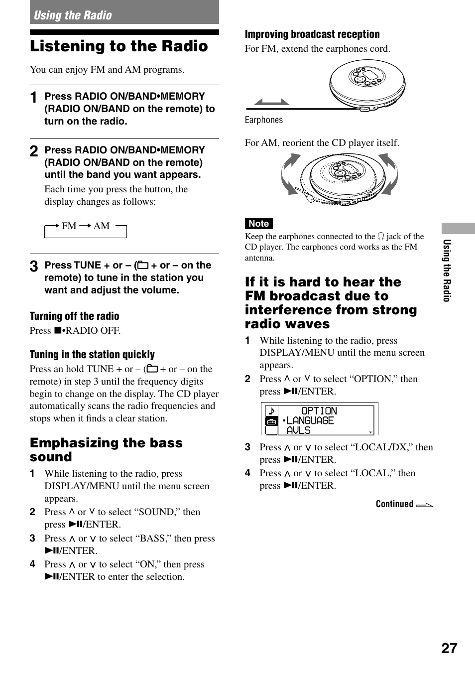 Using the radio, Listening to the radio, Interference from strong radio waves | Emphasizing the bass sound | Sony D-NF421 User Manual | Page 27 / 39