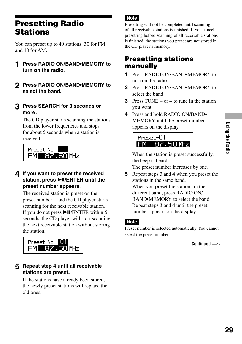 Presetting radio stations, Presetting stations manually | Sony D-NF421 User Manual | Page 29 / 39