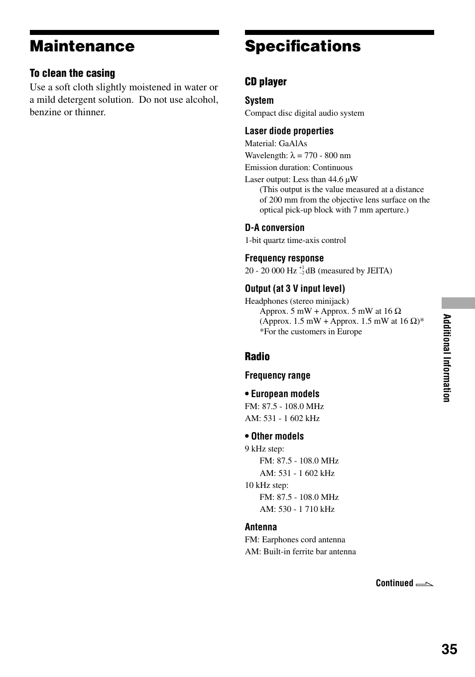 Maintenance speciﬁcations, Maintenance, Speciﬁcations | Sony D-NF421 User Manual | Page 35 / 39