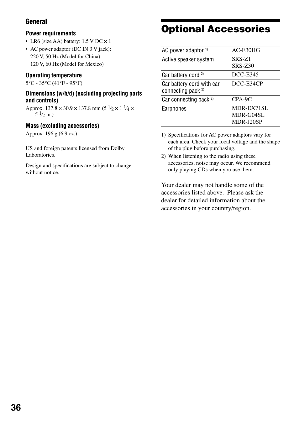 Optional accessories, General | Sony D-NF421 User Manual | Page 36 / 39