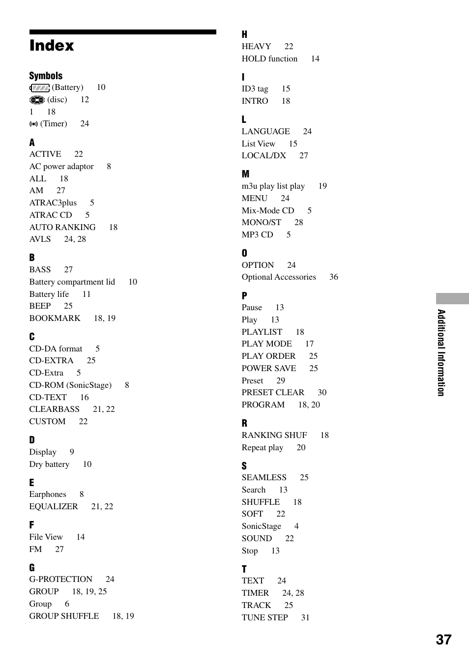 Index | Sony D-NF421 User Manual | Page 37 / 39