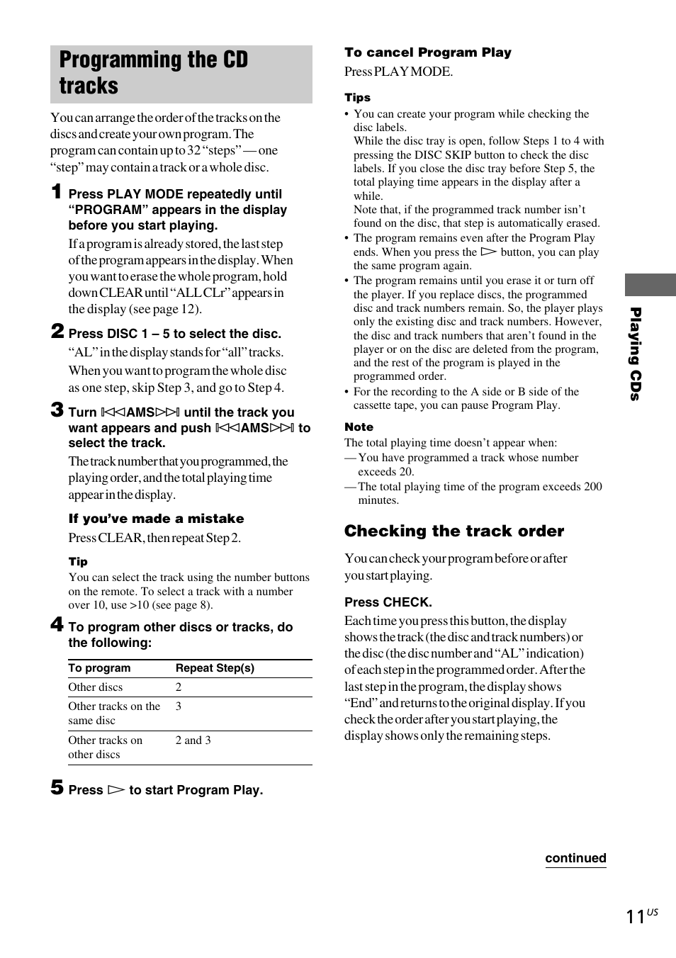 Programming the cd tracks | Sony CDP-C5CS User Manual | Page 11 / 16