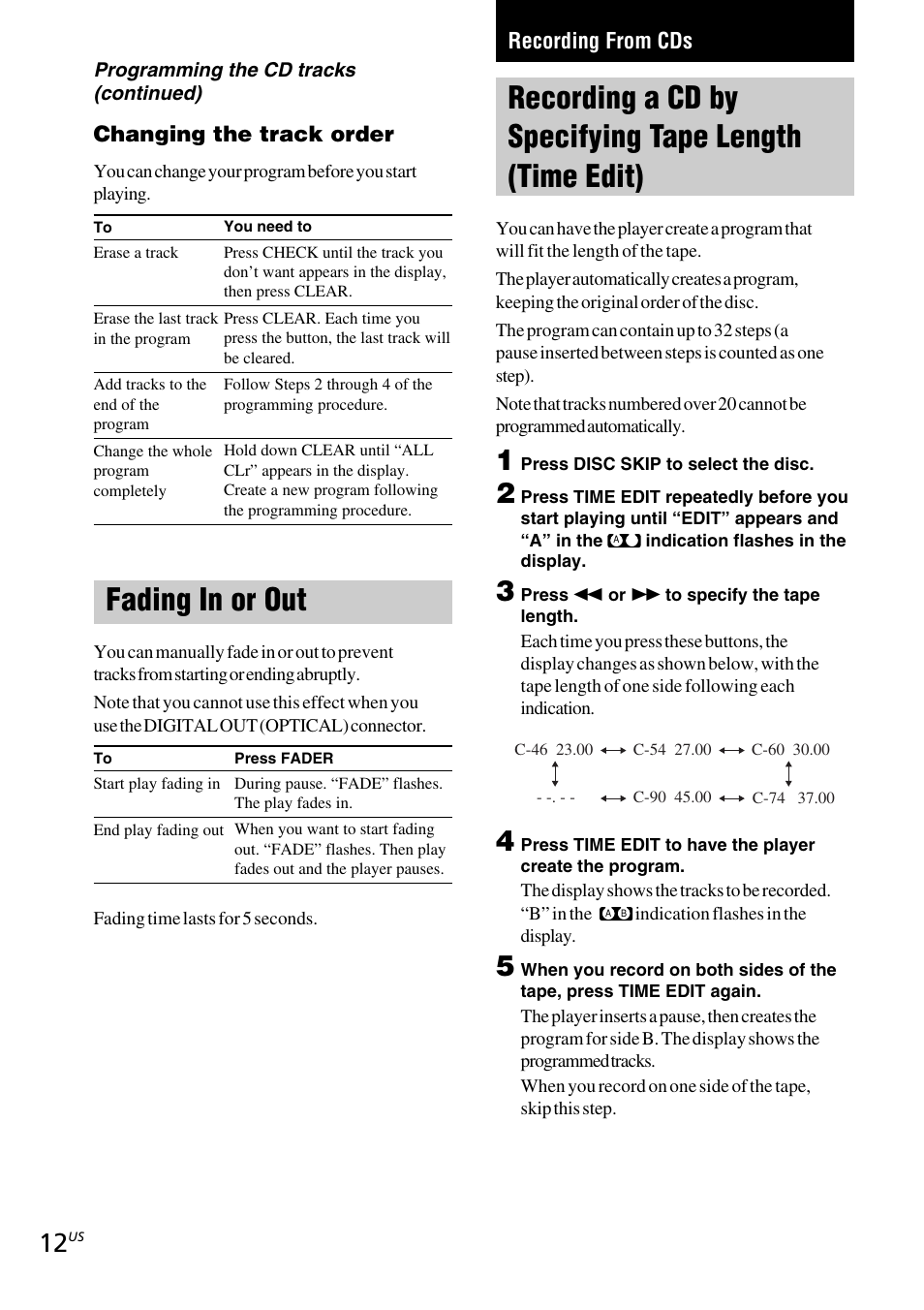 Fading in or out, Recording from cds | Sony CDP-C5CS User Manual | Page 12 / 16