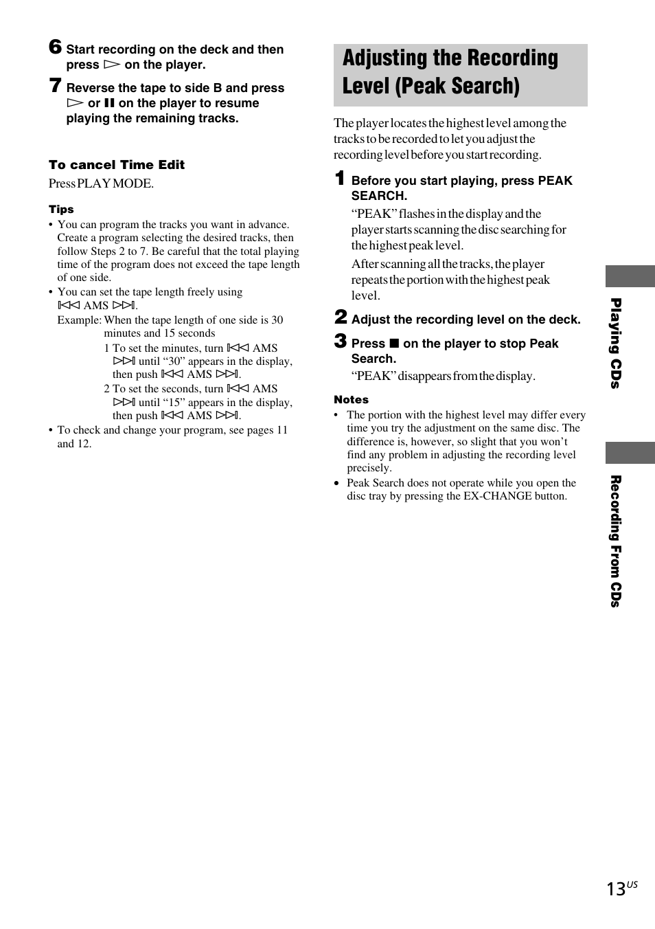 Adjusting the recording level (peak search) | Sony CDP-C5CS User Manual | Page 13 / 16