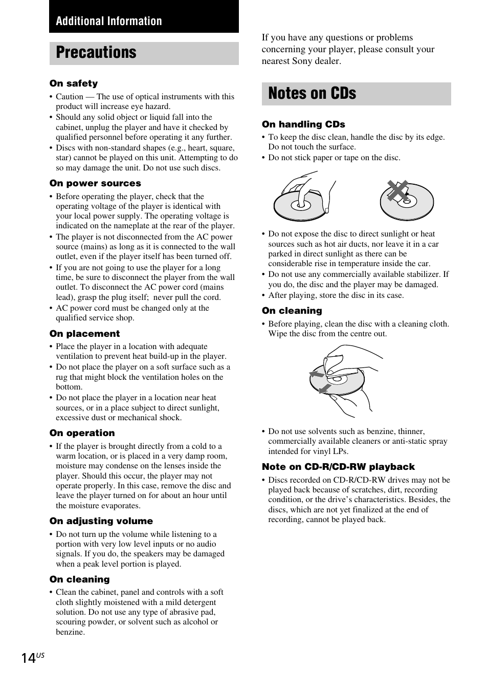 Additional information, Precautions, Notes on cds | Sony CDP-C5CS User Manual | Page 14 / 16