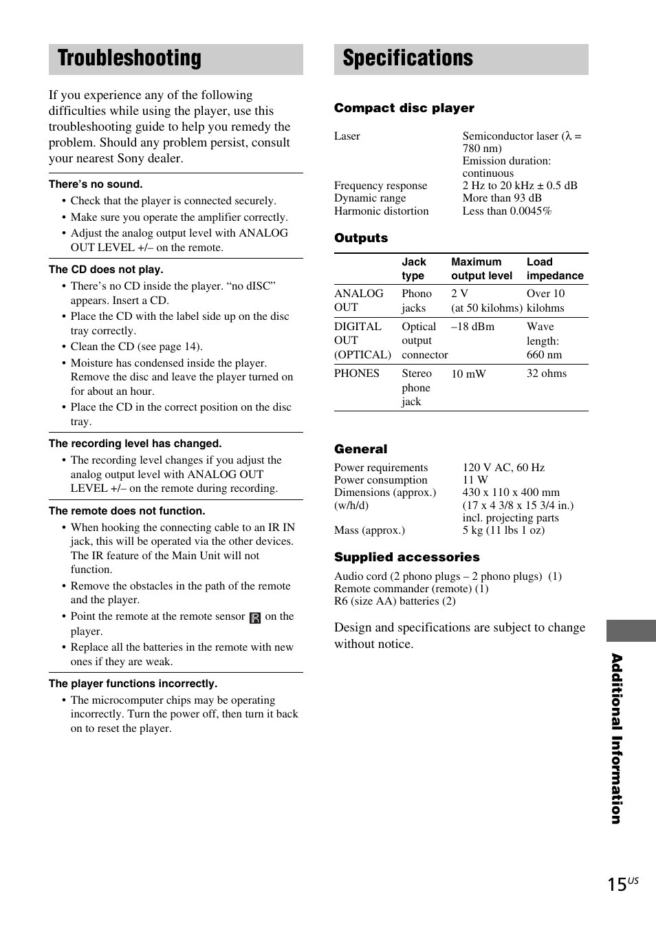 Troubleshooting, Specifications, Troubleshooting specifications | Sony CDP-C5CS User Manual | Page 15 / 16