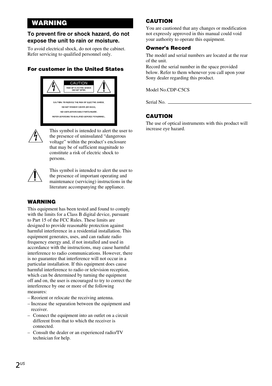Warning | Sony CDP-C5CS User Manual | Page 2 / 16