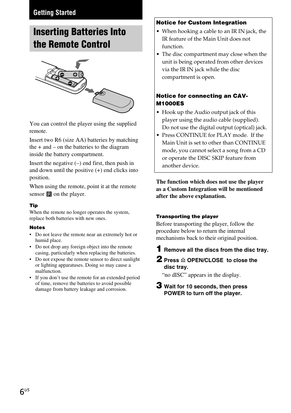 Getting started, Inserting batteries into the remote control | Sony CDP-C5CS User Manual | Page 6 / 16