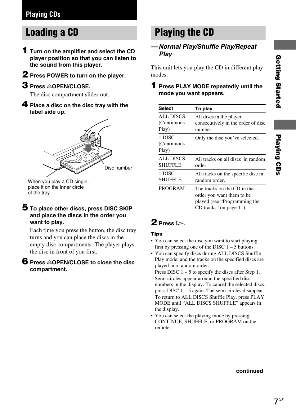 Playing cds, Loading a cd, Playing the cd | Sony CDP-C5CS User Manual | Page 7 / 16
